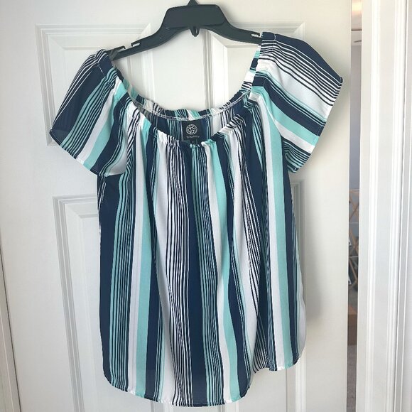 Bobeau Navy/White/Seafoam Off the Shoulder Top - Size M - Picture 1 of 7